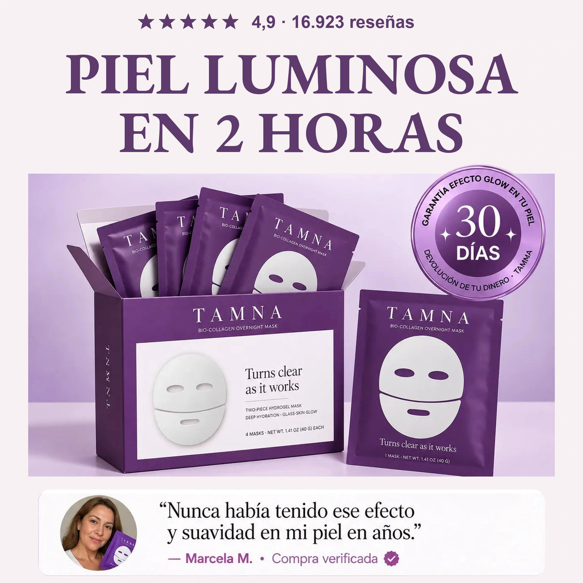 TAMNA · Piel luminosa en 2 horas · Pack de mascarillas de biocolágeno